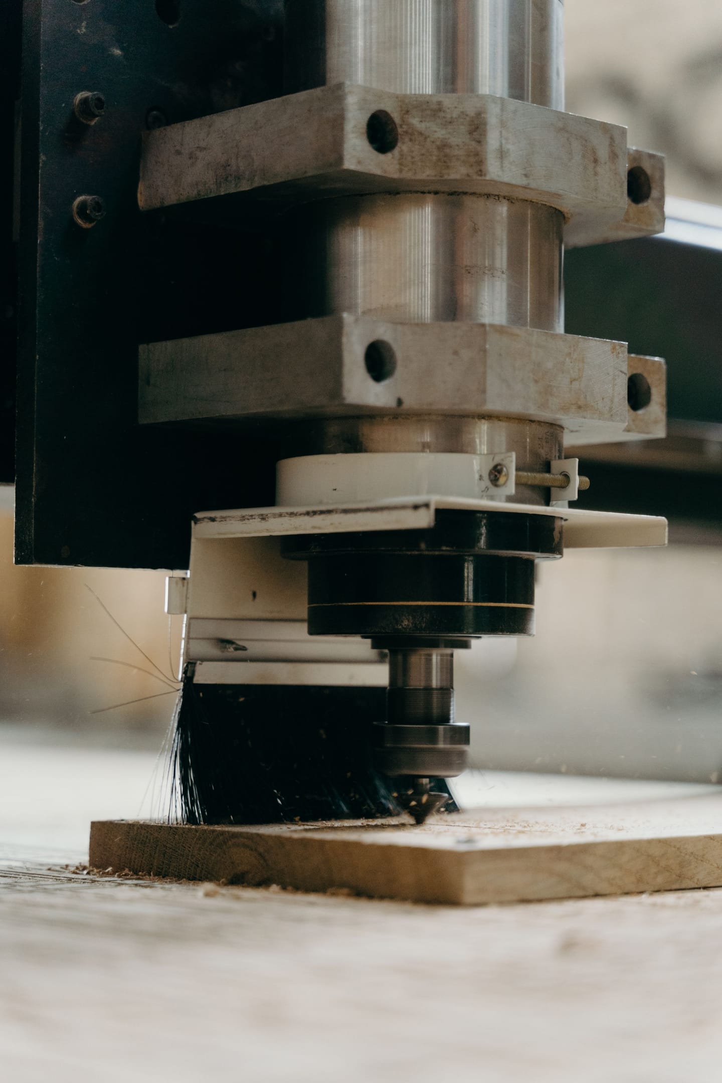 CNC spindle routing wood, close-up